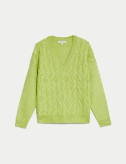 Cloud-yarn Cable Knit V-Neck Jumper