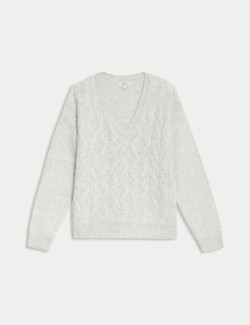 Cloud-yarn Cable Knit V-Neck Jumper