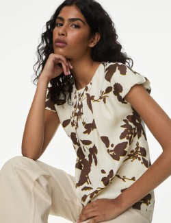 Satin Floral Pleat Detail Cap Sleeve Blouse