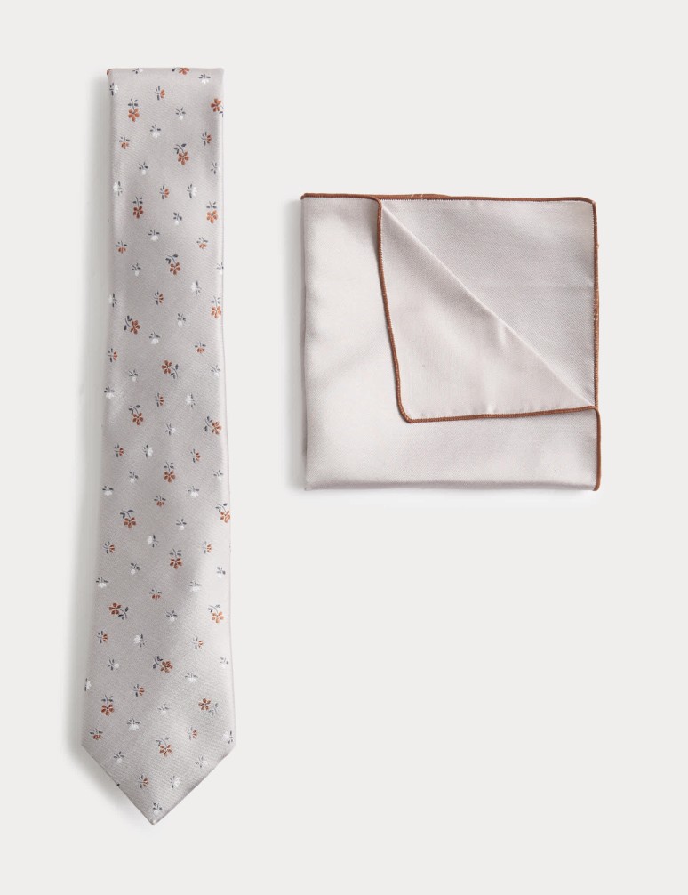 Pure Silk Ditsy Floral Tie and Handkerchief Set