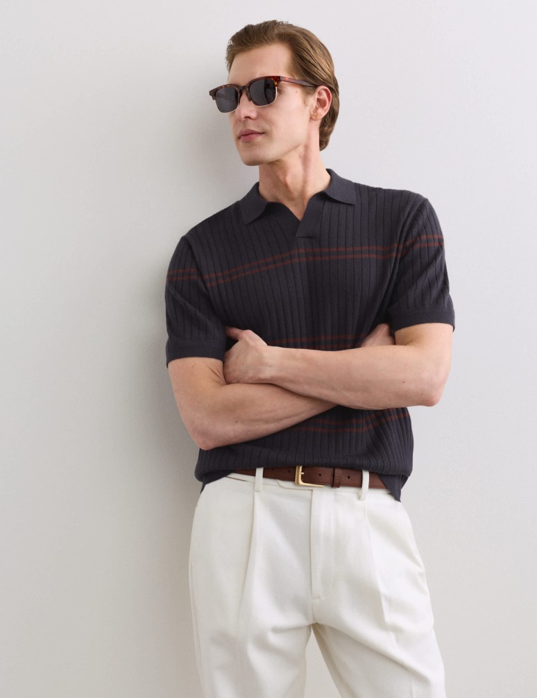 Merino Wool Rich Knitted Polo Shirt with Silk