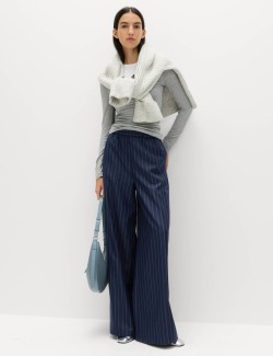 Pinstripe Elasticated Waist Wide Leg Trousers