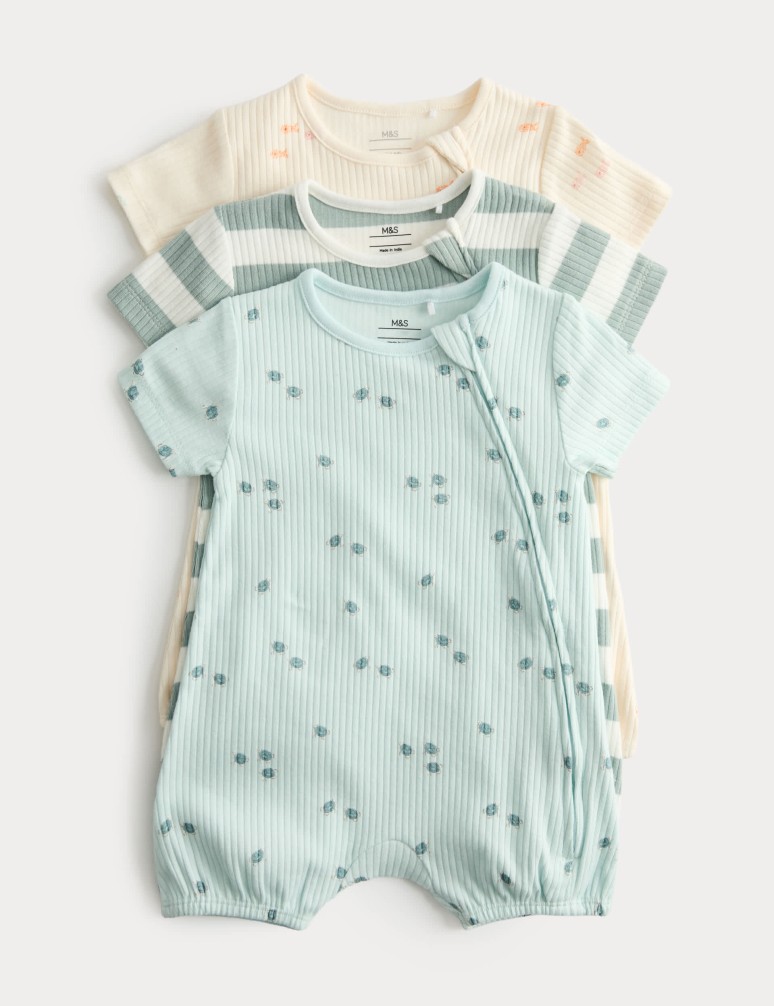 3 Pack Cotton Rich Sea Life Print Rompers (7lbs-3 Yrs)