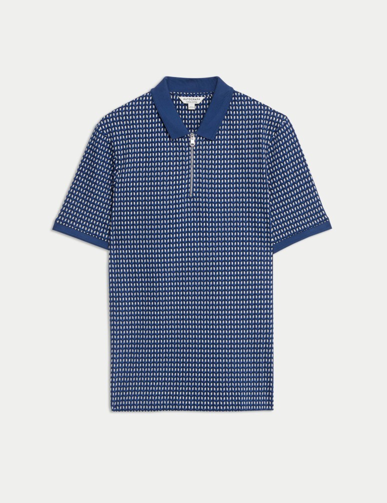 Cotton Rich Geometric Half Zip Polo Shirt