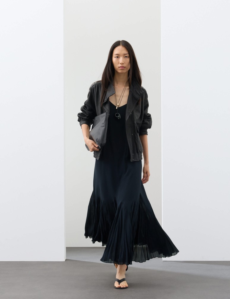 V-Neck Pleat Detail Maxi Slip Dress