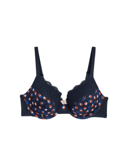 Printed Lace Trim Wired Full Cup Bra A-E