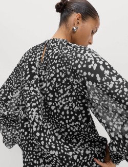 Sheer Floral Printed Long Blouson Sleeve Blouse