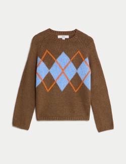 Argyle Crew Neck Jumper With Wool