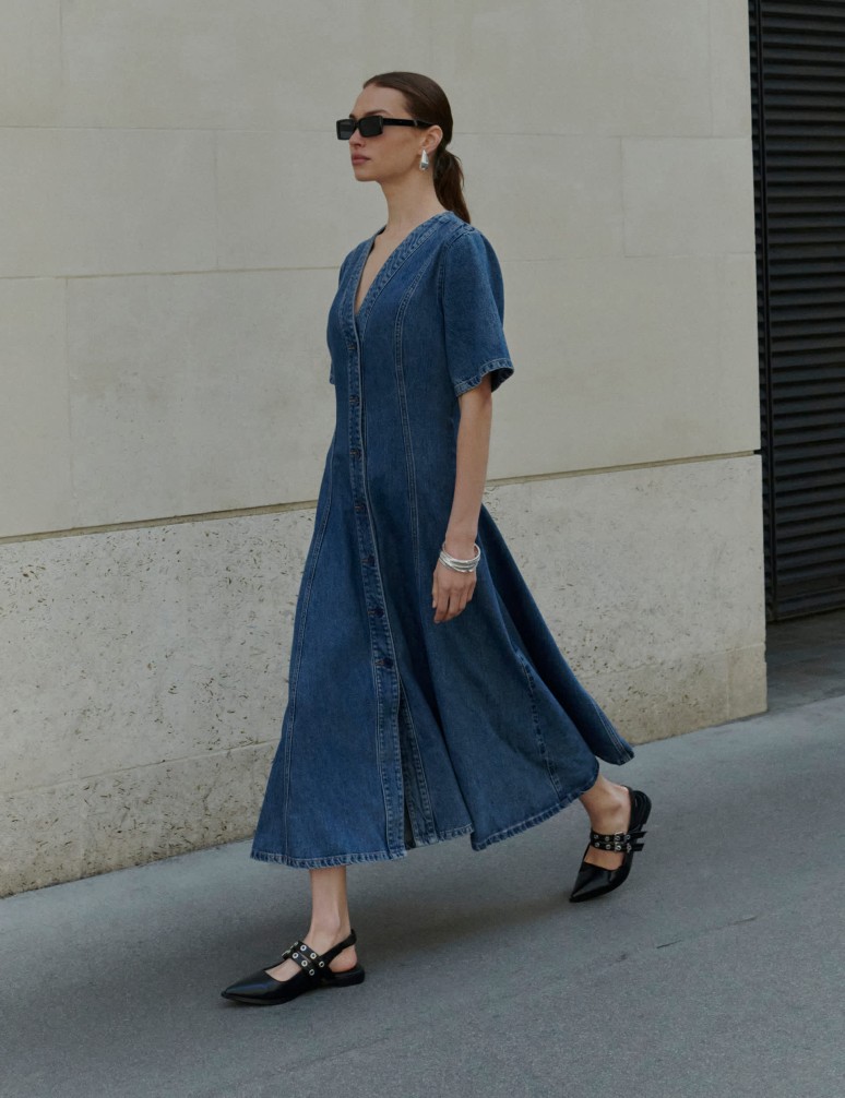 Denim V-Neck Button Through Midi Skater Dress