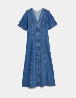 Denim V-Neck Button Through Midi Skater Dress