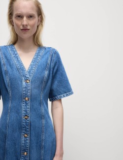 Denim V-Neck Button Through Midi Skater Dress