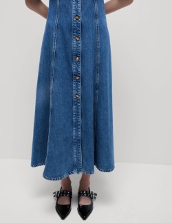 Denim V-Neck Button Through Midi Skater Dress