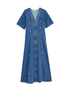 Denim V-Neck Button Through Midi Skater Dress