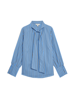 Pure Cotton Striped Tie Neck Shirt