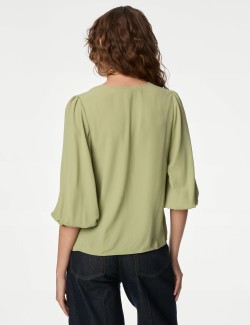 V-Neck Button Detail Blouson Sleeve Blouse