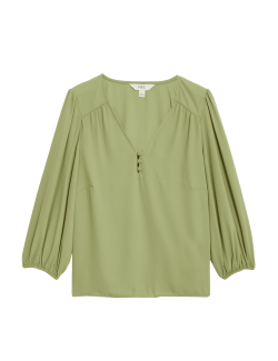 V-Neck Button Detail Blouson Sleeve Blouse