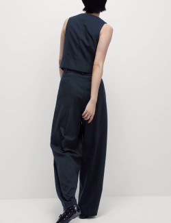 Pinstripe Pleat Front Wide Leg Trousers