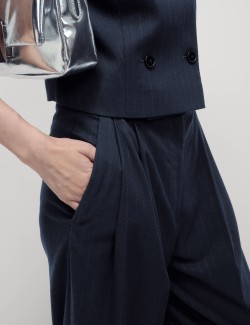 Pinstripe Pleat Front Wide Leg Trousers