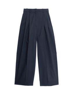 Pinstripe Pleat Front Wide Leg Trousers