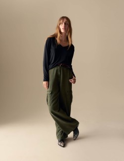 Cotton Blend Relaxed Wide Leg Trousers