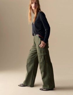 Cotton Blend Relaxed Wide Leg Trousers