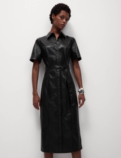 Faux Leather Belted Midaxi Shirt Dress