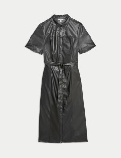 Faux Leather Belted Midaxi Shirt Dress