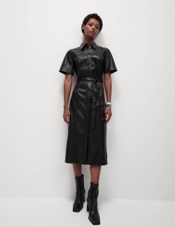 Faux Leather Belted Midaxi Shirt Dress