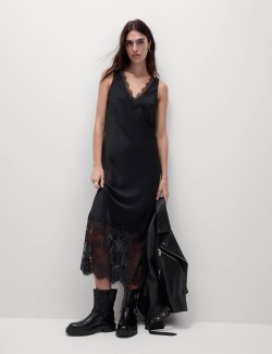 V-Neck Lace Insert Midaxi Slip Dress