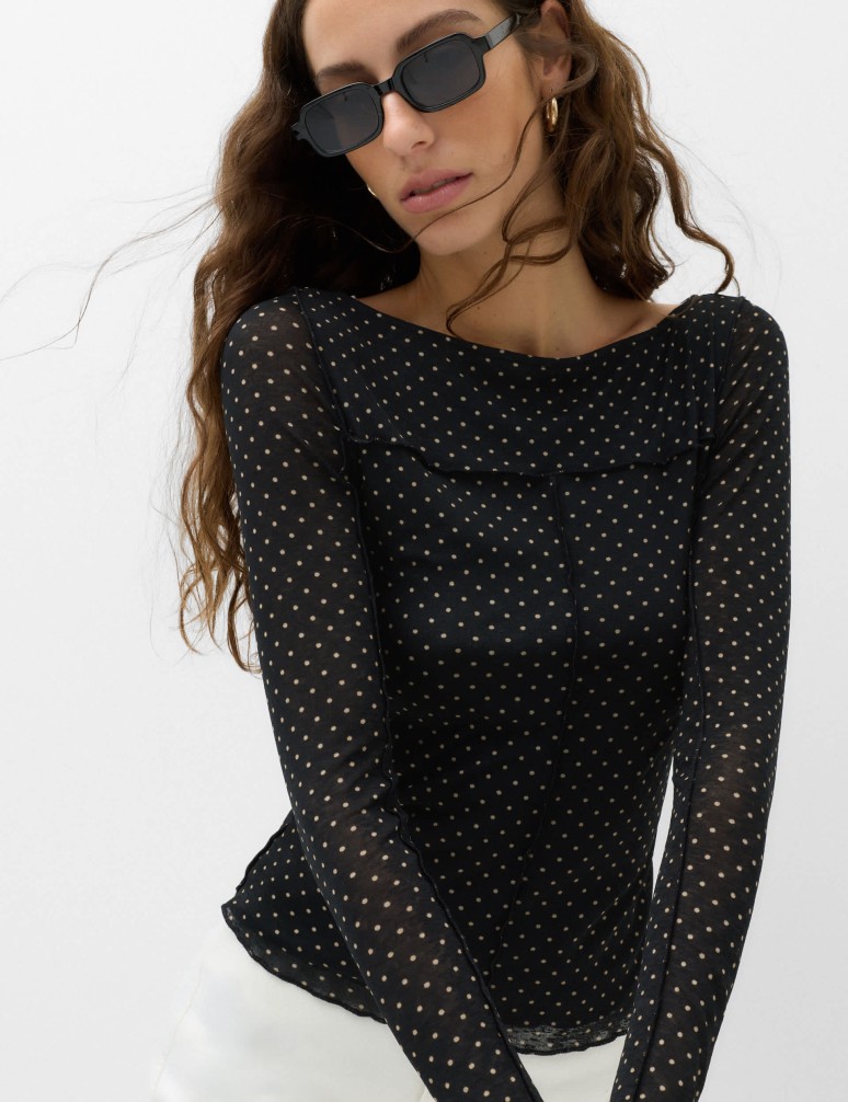 Mesh Jersey Polka Dot Slash Neck Top