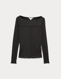 Mesh Jersey Polka Dot Slash Neck Top