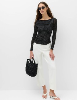 Mesh Jersey Polka Dot Slash Neck Top