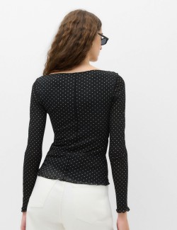 Mesh Jersey Polka Dot Slash Neck Top
