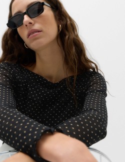 Mesh Jersey Polka Dot Slash Neck Top