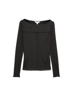 Mesh Jersey Polka Dot Slash Neck Top