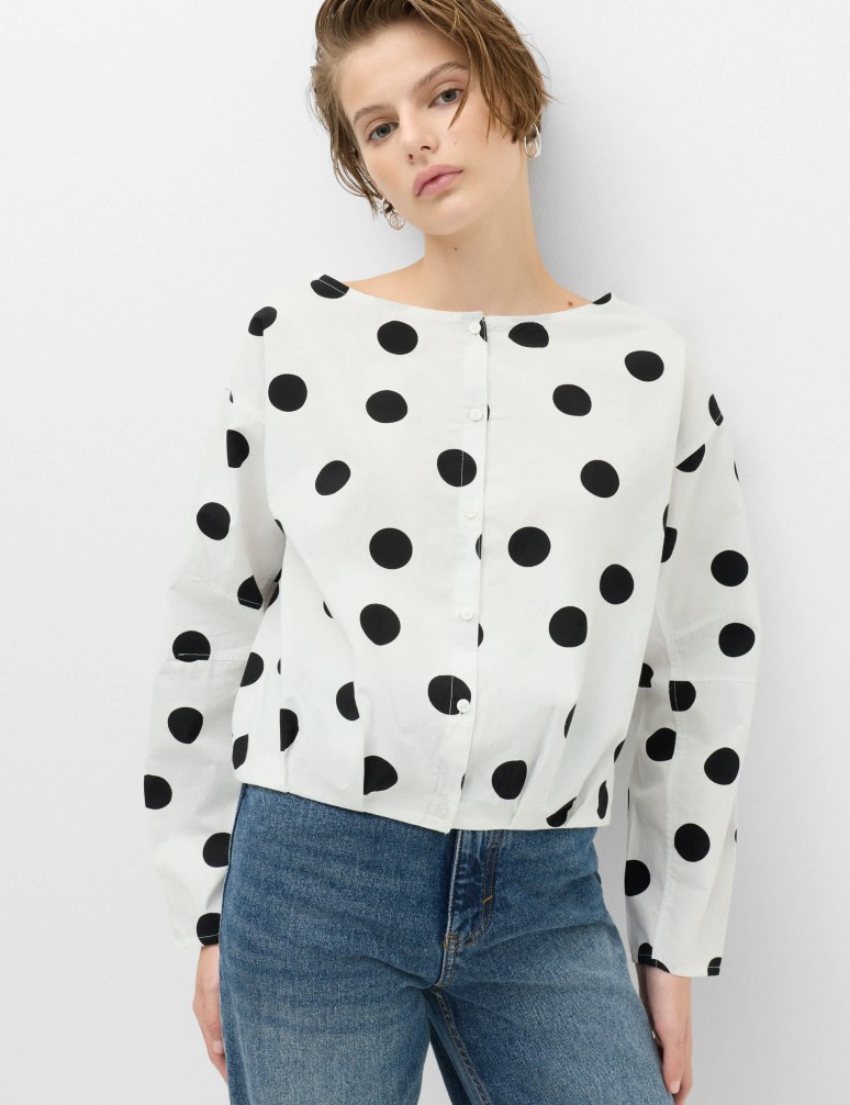 Pure Cotton Polka Dot Barrel Sleeve Blouse