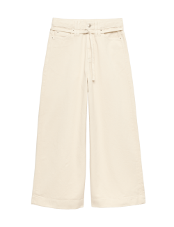 Denim High Waisted Belted Wide Leg Culottes