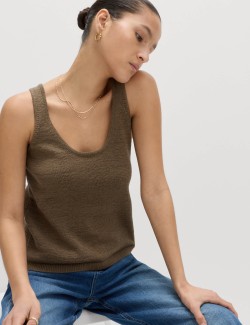 Cotton Blend Textured Scoop Neck Knitted Vest