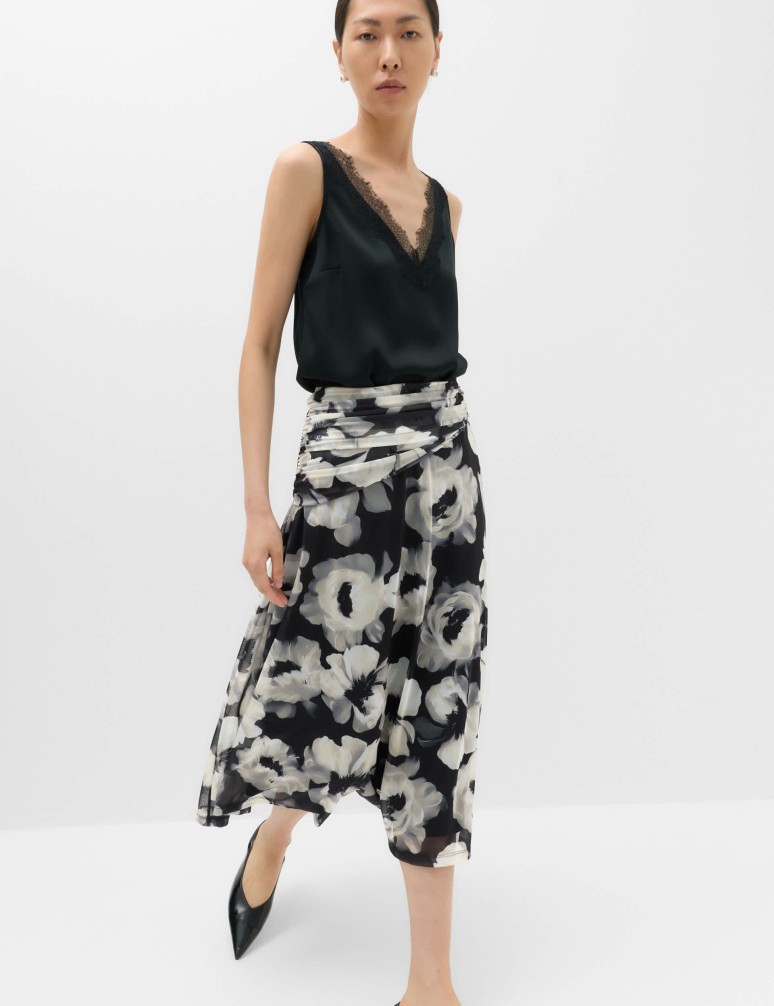 Mesh Floral Ruched Midi Skirt