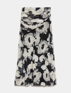 Mesh Floral Ruched Midi Skirt