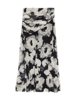 Mesh Floral Ruched Midi Skirt