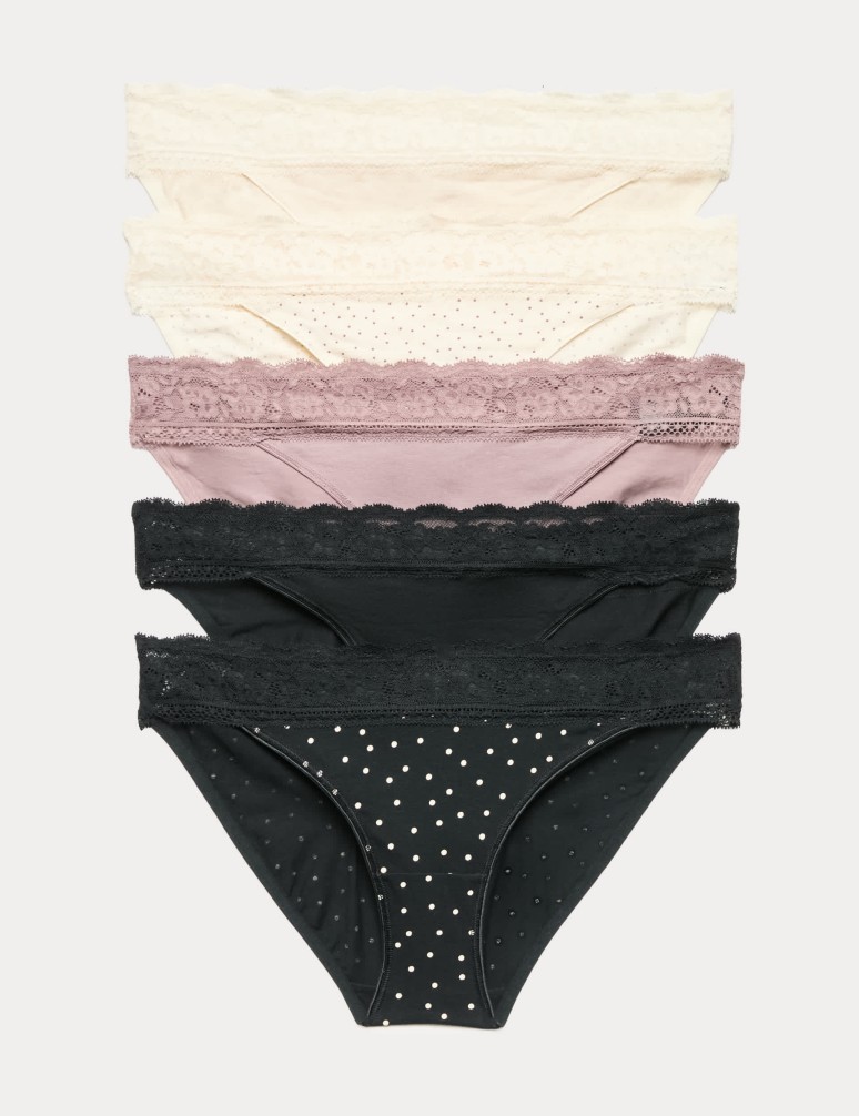 Krajkové bikiny kalhotky ze směsi bavlny s potiskem, 5 ks
