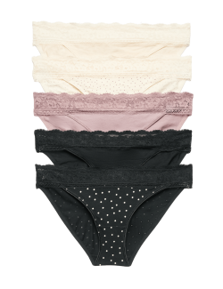 Krajkové bikiny kalhotky ze směsi bavlny s potiskem, 5 ks