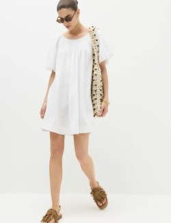 Linen Rich Puff Sleeve Mini Smock Dress