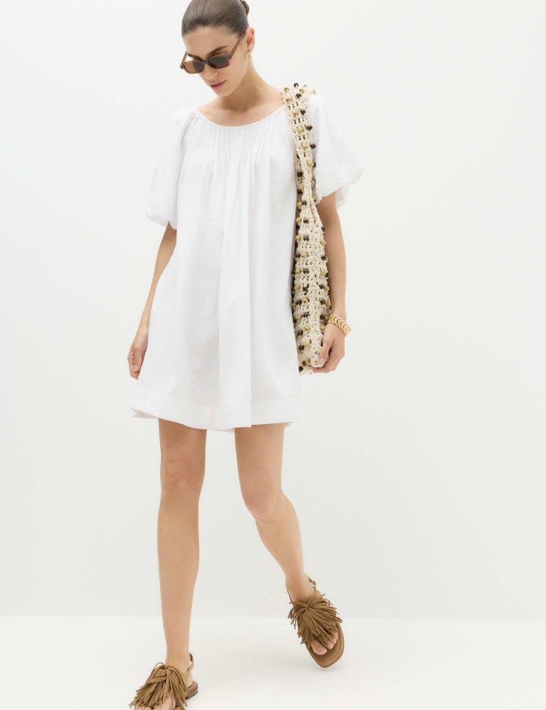 Linen Rich Puff Sleeve Mini Smock Dress