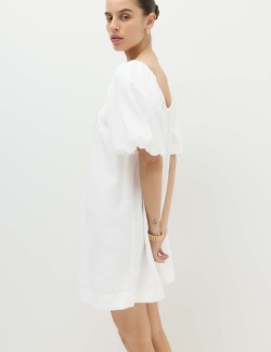 Linen Rich Puff Sleeve Mini Smock Dress