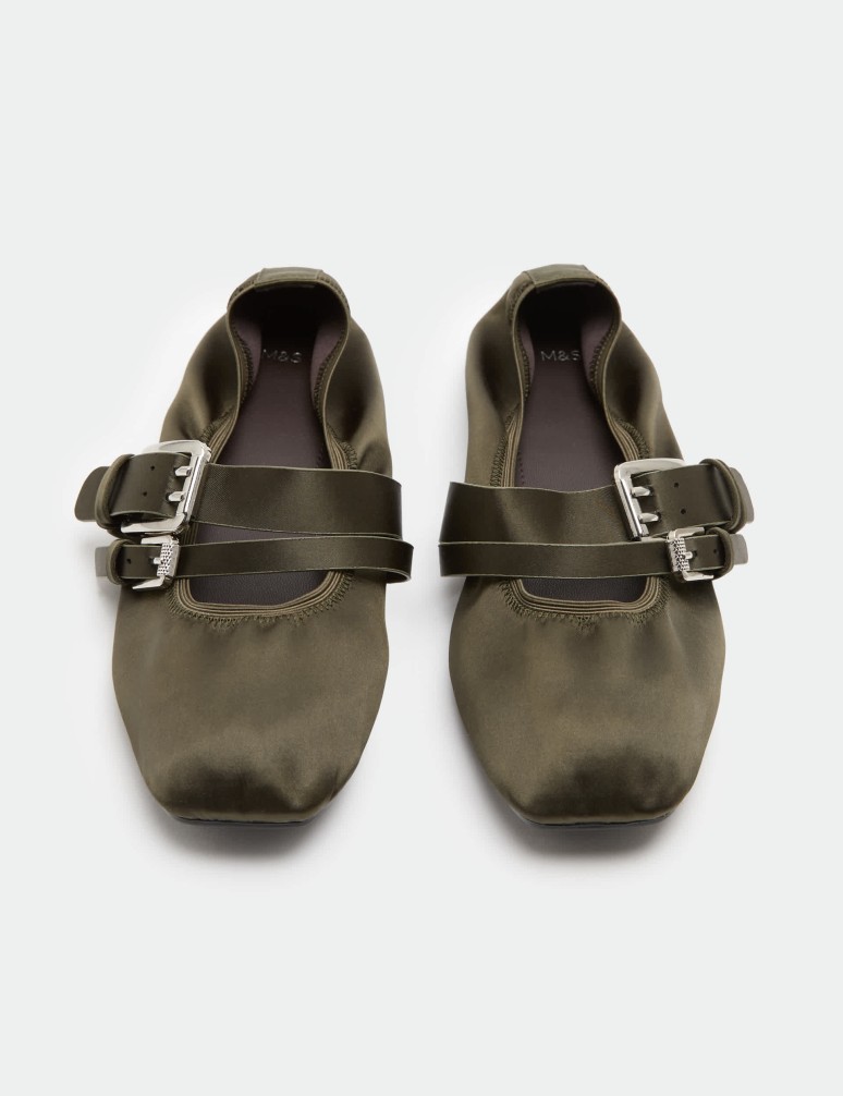 Satin Double Buckle Flat Mary Jane Ballet Pumps