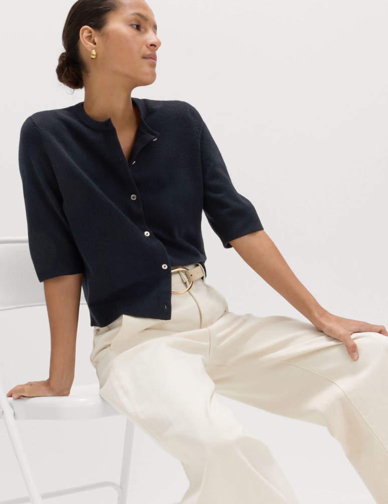 Air-Yarn Button Front Short Sleeve Cropped Cardigan