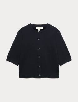 Air-Yarn Button Front Short Sleeve Cropped Cardigan