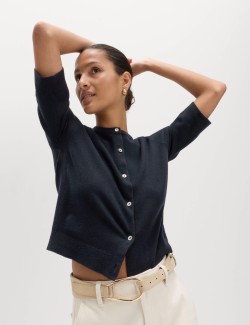 Air-Yarn Button Front Short Sleeve Cropped Cardigan